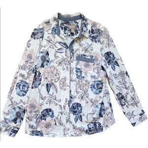Women's Chico's Off-White Blue Pink Floral Button Down Shirt Size 2